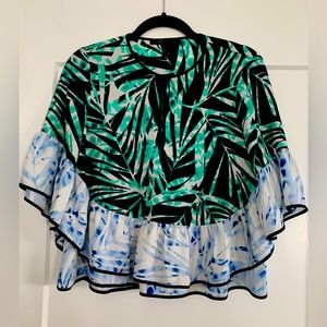 Beautiful BCBG summer blouse with fun black, turquoise and blue palette.